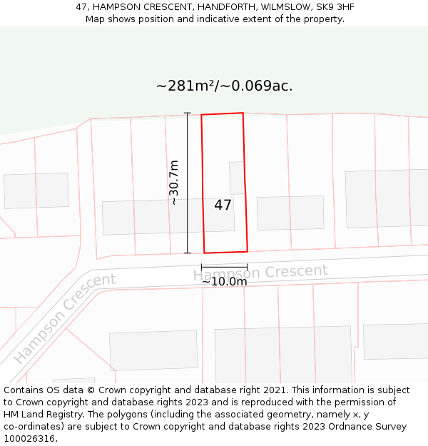 47, HAMPSON CRESCENT, HANDFORTH, WILMSLOW, SK9 3HF: Plot and title map