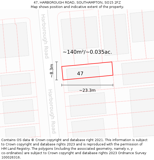 47, HARBOROUGH ROAD, SOUTHAMPTON, SO15 2FZ: Plot and title map