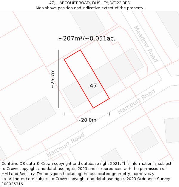47, HARCOURT ROAD, BUSHEY, WD23 3PD: Plot and title map