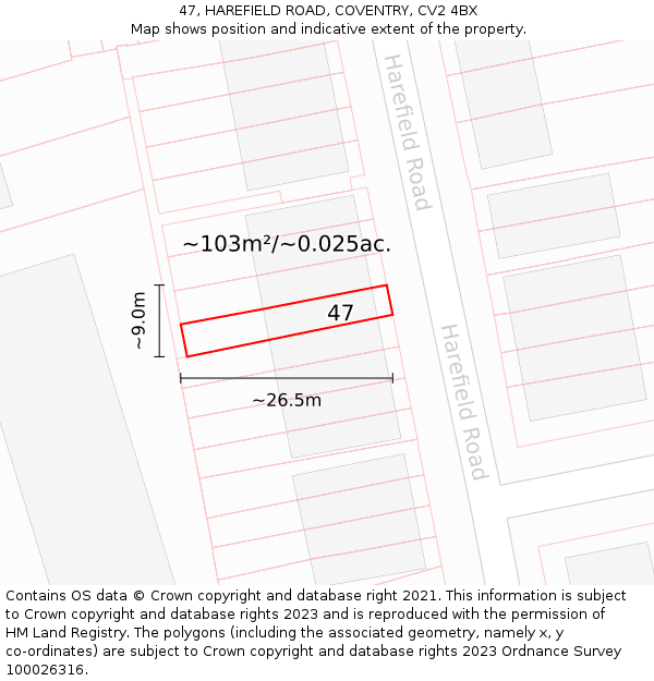 47, HAREFIELD ROAD, COVENTRY, CV2 4BX: Plot and title map