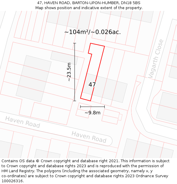 47, HAVEN ROAD, BARTON-UPON-HUMBER, DN18 5BS: Plot and title map