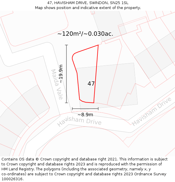 47, HAVISHAM DRIVE, SWINDON, SN25 1SL: Plot and title map