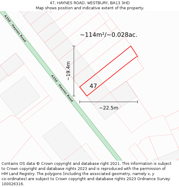 47, HAYNES ROAD, WESTBURY, BA13 3HD: Plot and title map