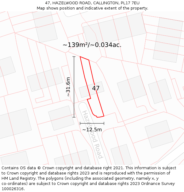 47, HAZELWOOD ROAD, CALLINGTON, PL17 7EU: Plot and title map
