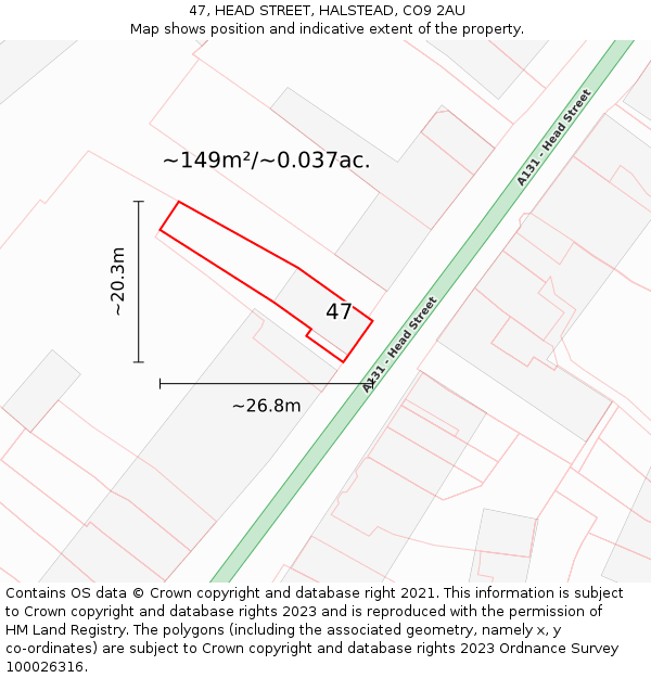 47, HEAD STREET, HALSTEAD, CO9 2AU: Plot and title map