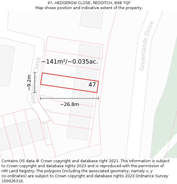 47, HEDGEROW CLOSE, REDDITCH, B98 7QF: Plot and title map