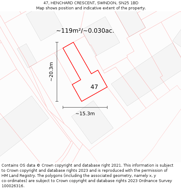 47, HENCHARD CRESCENT, SWINDON, SN25 1BD: Plot and title map