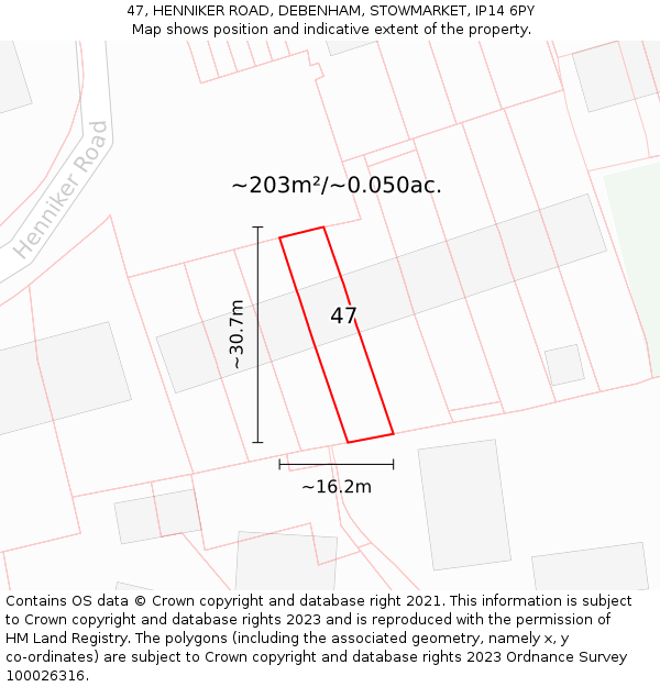 47, HENNIKER ROAD, DEBENHAM, STOWMARKET, IP14 6PY: Plot and title map