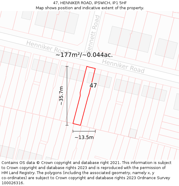 47, HENNIKER ROAD, IPSWICH, IP1 5HF: Plot and title map