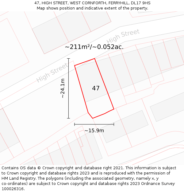 47, HIGH STREET, WEST CORNFORTH, FERRYHILL, DL17 9HS: Plot and title map