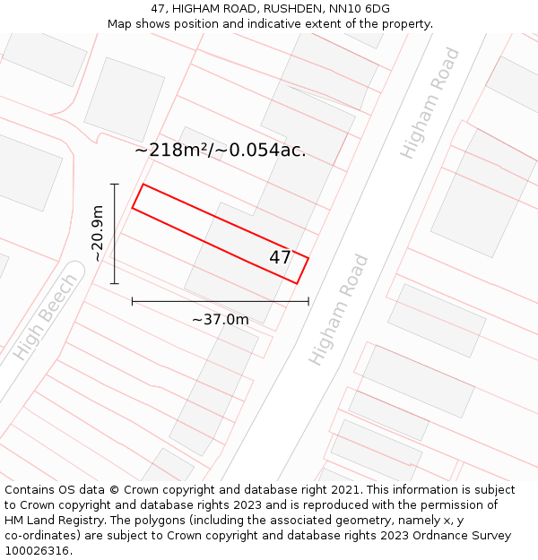 47, HIGHAM ROAD, RUSHDEN, NN10 6DG: Plot and title map