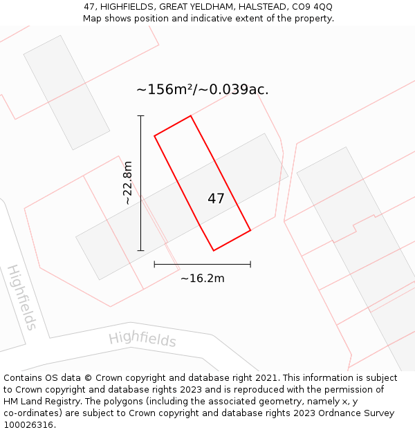 47, HIGHFIELDS, GREAT YELDHAM, HALSTEAD, CO9 4QQ: Plot and title map