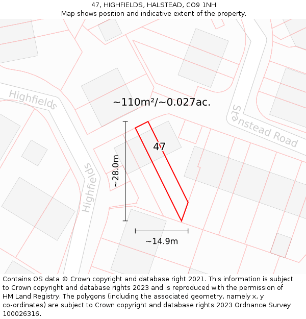 47, HIGHFIELDS, HALSTEAD, CO9 1NH: Plot and title map
