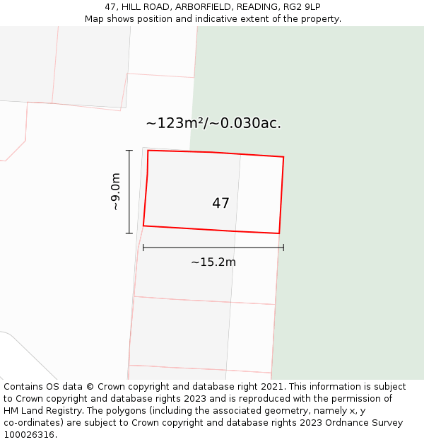 47, HILL ROAD, ARBORFIELD, READING, RG2 9LP: Plot and title map