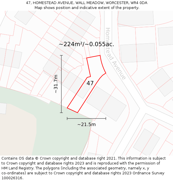 47, HOMESTEAD AVENUE, WALL MEADOW, WORCESTER, WR4 0DA: Plot and title map