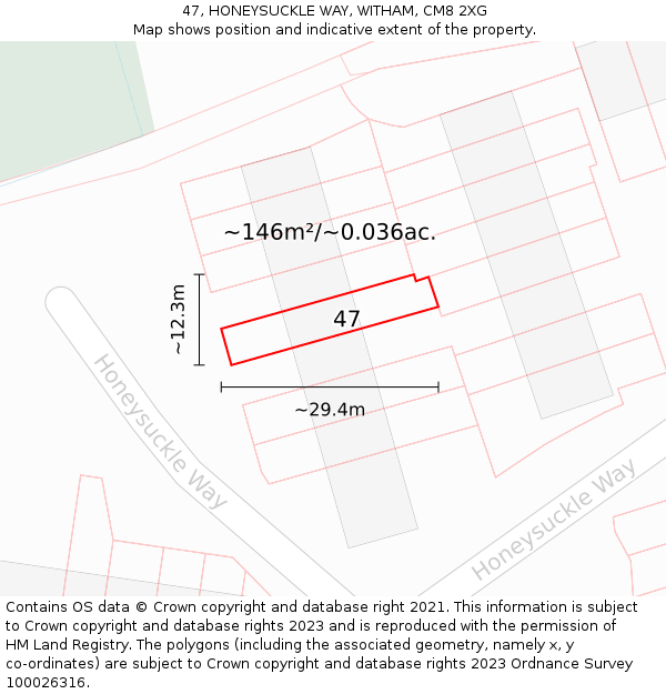 47, HONEYSUCKLE WAY, WITHAM, CM8 2XG: Plot and title map