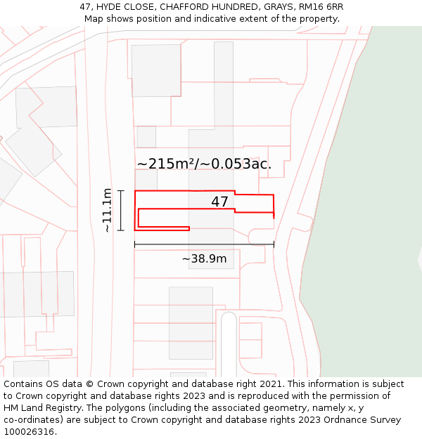 47, HYDE CLOSE, CHAFFORD HUNDRED, GRAYS, RM16 6RR: Plot and title map