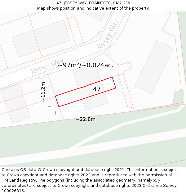 47, JERSEY WAY, BRAINTREE, CM7 2FA: Plot and title map