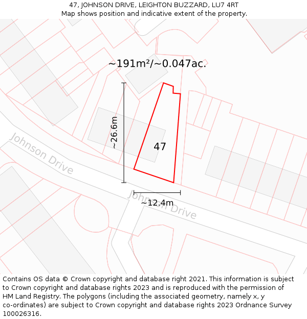 47, JOHNSON DRIVE, LEIGHTON BUZZARD, LU7 4RT: Plot and title map