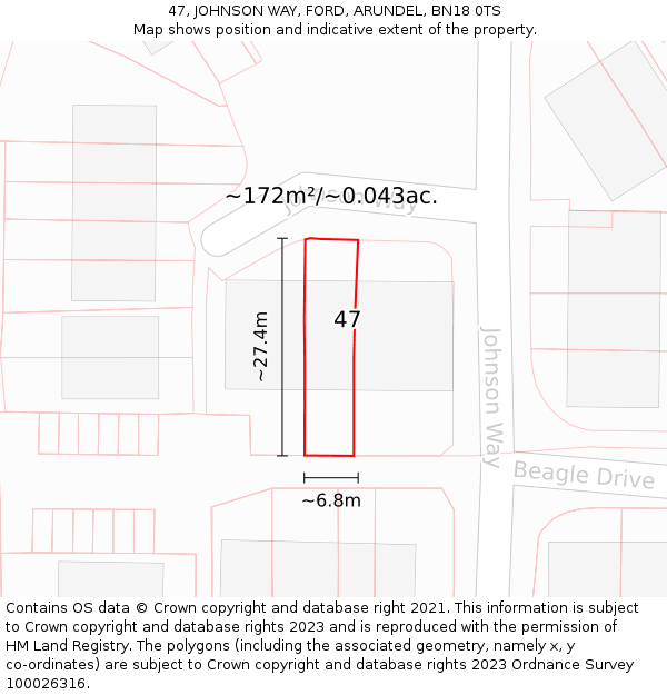 47, JOHNSON WAY, FORD, ARUNDEL, BN18 0TS: Plot and title map