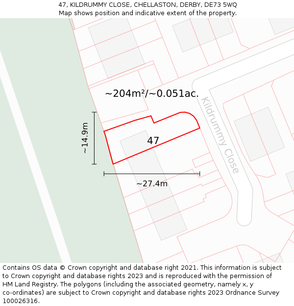 47, KILDRUMMY CLOSE, CHELLASTON, DERBY, DE73 5WQ: Plot and title map