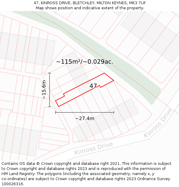 47, KINROSS DRIVE, BLETCHLEY, MILTON KEYNES, MK3 7UF: Plot and title map