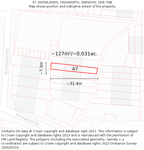 47, KNOWLANDS, HIGHWORTH, SWINDON, SN6 7NB: Plot and title map