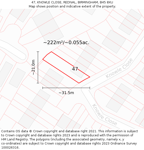47, KNOWLE CLOSE, REDNAL, BIRMINGHAM, B45 8XU: Plot and title map