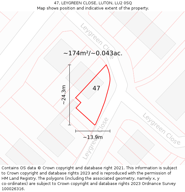 47, LEYGREEN CLOSE, LUTON, LU2 0SQ: Plot and title map