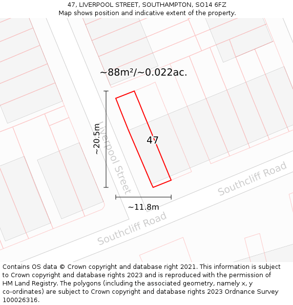 47, LIVERPOOL STREET, SOUTHAMPTON, SO14 6FZ: Plot and title map