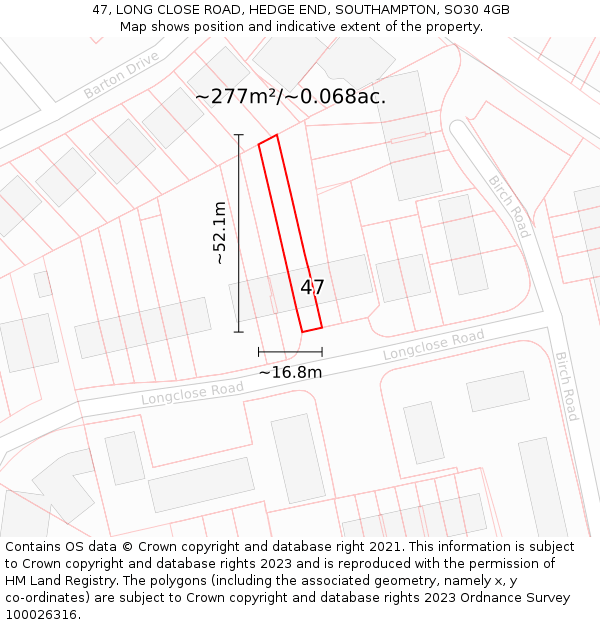 47, LONG CLOSE ROAD, HEDGE END, SOUTHAMPTON, SO30 4GB: Plot and title map