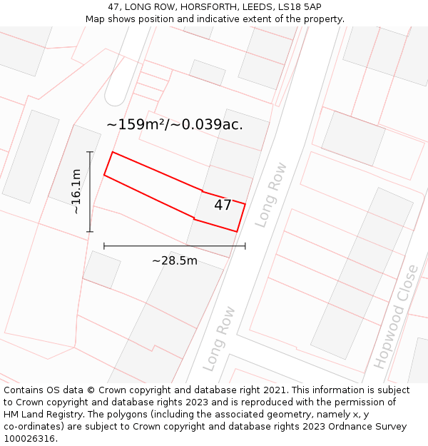 47, LONG ROW, HORSFORTH, LEEDS, LS18 5AP: Plot and title map