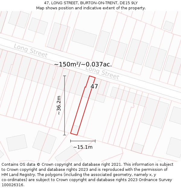 47, LONG STREET, BURTON-ON-TRENT, DE15 9LY: Plot and title map