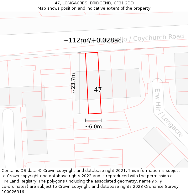 47, LONGACRES, BRIDGEND, CF31 2DD: Plot and title map