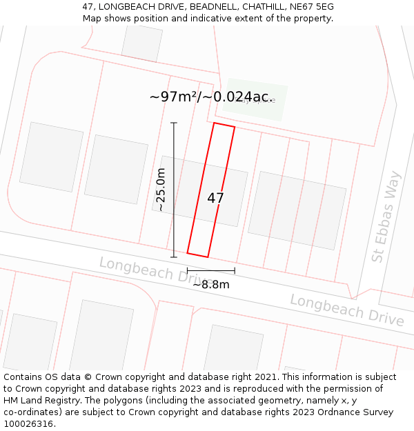 47, LONGBEACH DRIVE, BEADNELL, CHATHILL, NE67 5EG: Plot and title map