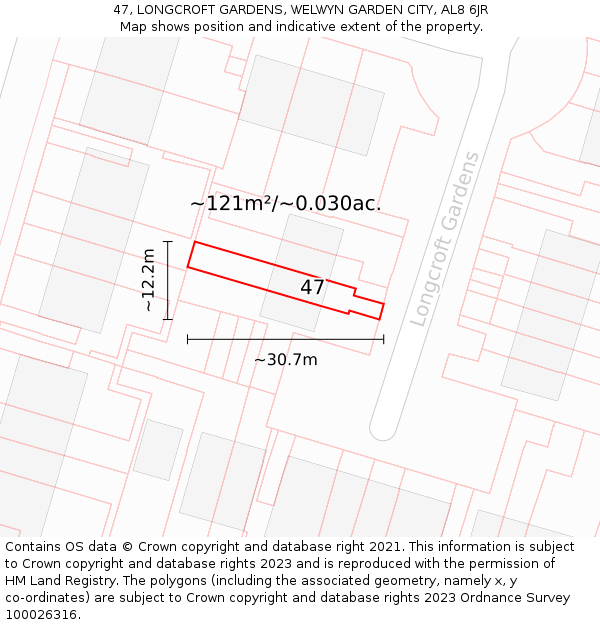 47, LONGCROFT GARDENS, WELWYN GARDEN CITY, AL8 6JR: Plot and title map