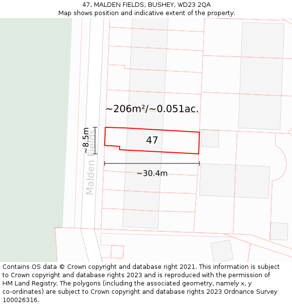 47, MALDEN FIELDS, BUSHEY, WD23 2QA: Plot and title map
