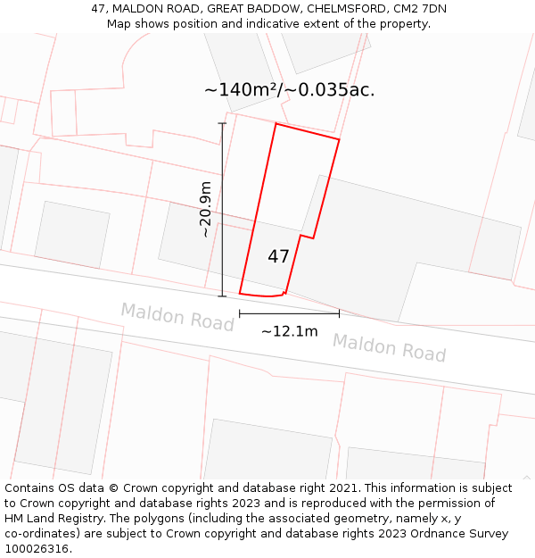 47, MALDON ROAD, GREAT BADDOW, CHELMSFORD, CM2 7DN: Plot and title map