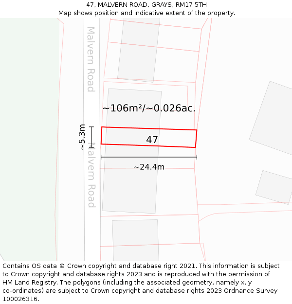 47, MALVERN ROAD, GRAYS, RM17 5TH: Plot and title map