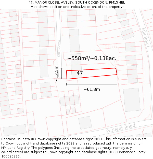 47, MANOR CLOSE, AVELEY, SOUTH OCKENDON, RM15 4EL: Plot and title map