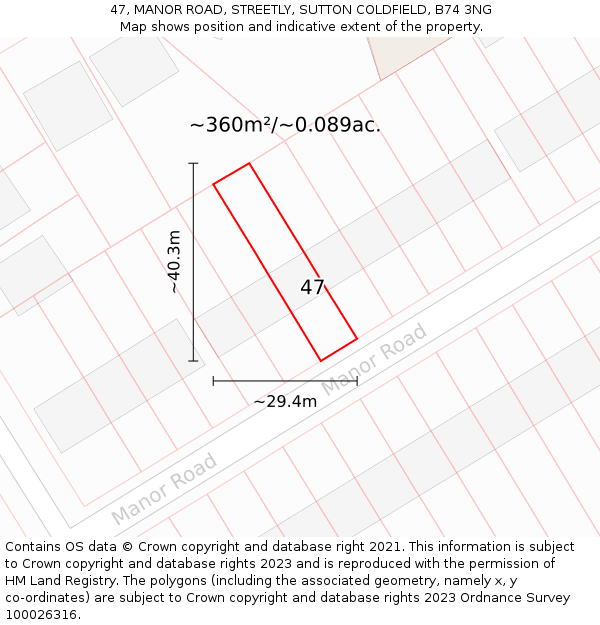 47, MANOR ROAD, STREETLY, SUTTON COLDFIELD, B74 3NG: Plot and title map