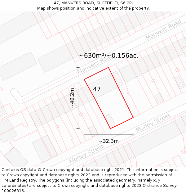 47, MANVERS ROAD, SHEFFIELD, S6 2PJ: Plot and title map