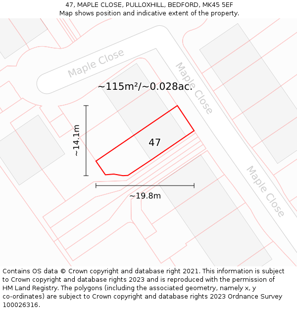 47, MAPLE CLOSE, PULLOXHILL, BEDFORD, MK45 5EF: Plot and title map