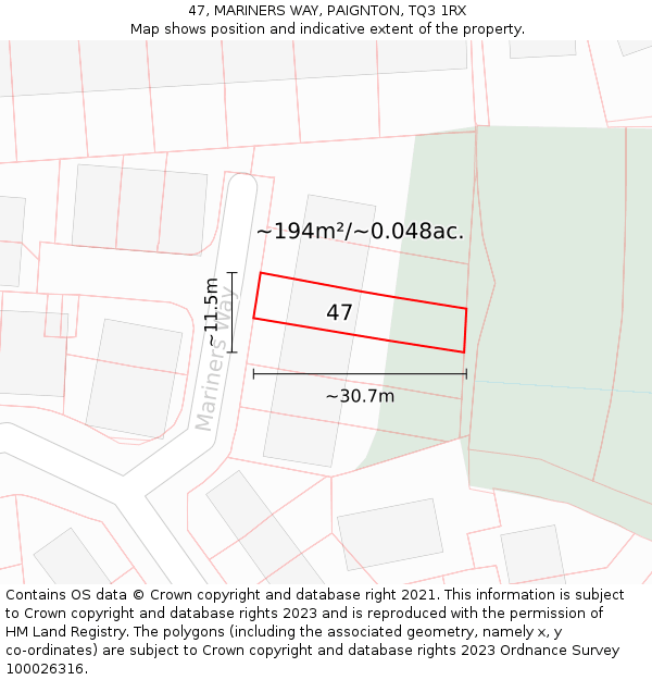 47, MARINERS WAY, PAIGNTON, TQ3 1RX: Plot and title map