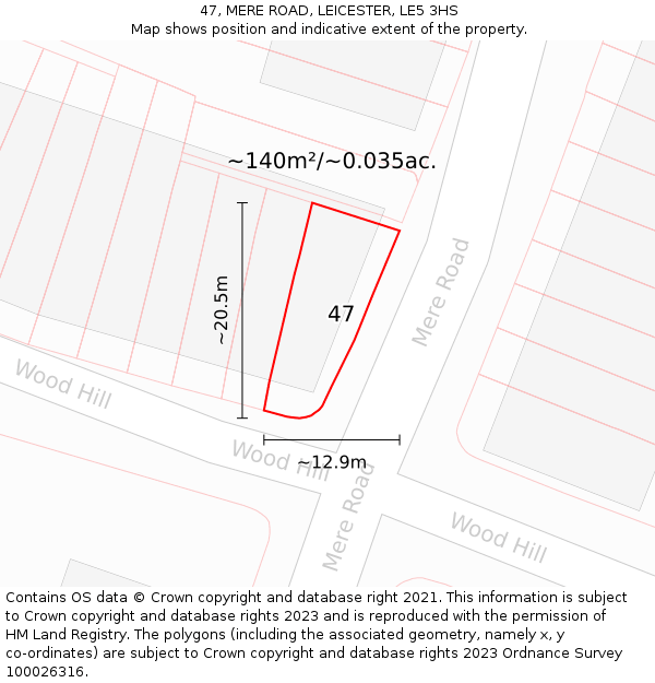47, MERE ROAD, LEICESTER, LE5 3HS: Plot and title map