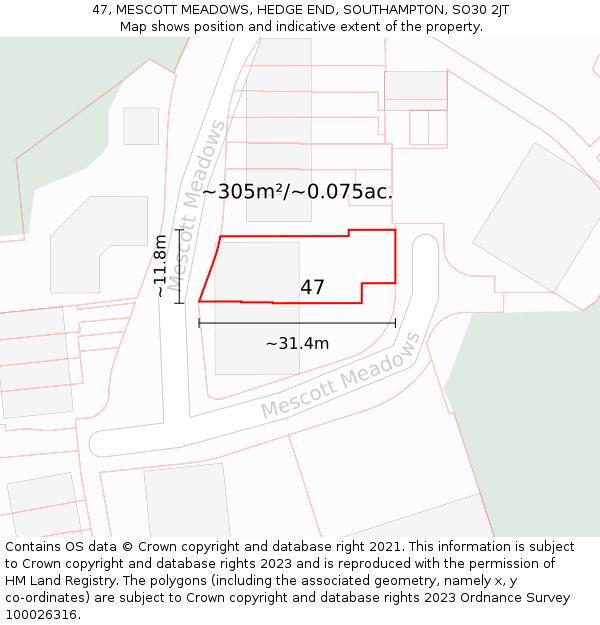 47, MESCOTT MEADOWS, HEDGE END, SOUTHAMPTON, SO30 2JT: Plot and title map