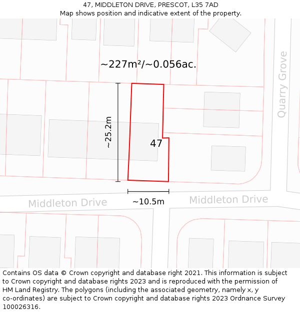47, MIDDLETON DRIVE, PRESCOT, L35 7AD: Plot and title map