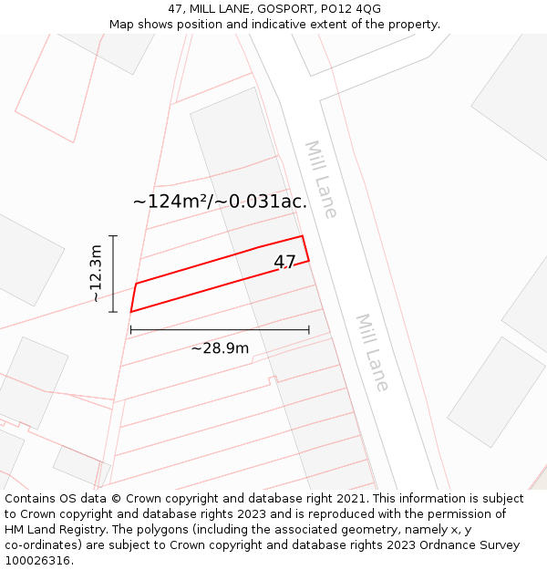 47, MILL LANE, GOSPORT, PO12 4QG: Plot and title map