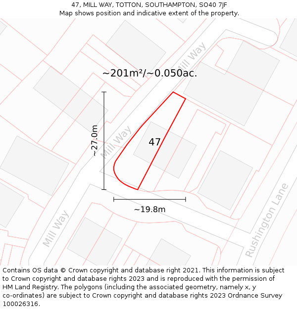 47, MILL WAY, TOTTON, SOUTHAMPTON, SO40 7JF: Plot and title map