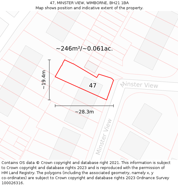 47, MINSTER VIEW, WIMBORNE, BH21 1BA: Plot and title map